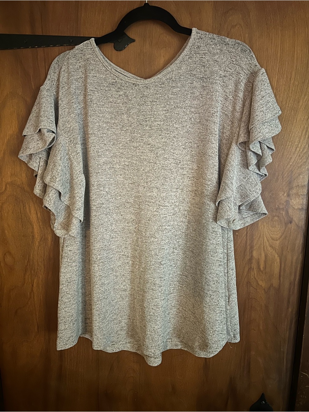 She + Sky Layered Ruffle Sleeve V-Neck Top - Heather Gray